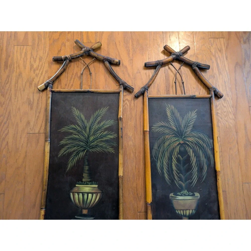 Set of 2 Bamboo Palm Tree Wall Art Tropical Decor Bombay Company 41‎ x 16 In